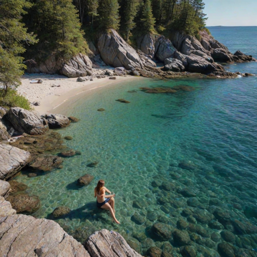 Secluded beach cove with crystal-clear water, a woman sits on the rocks at the edge, her feet dangling over the water as she enjoys the quiet tranquility.