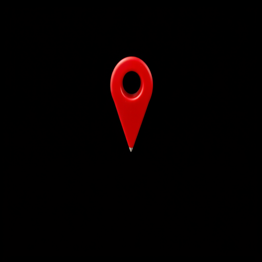 Create a high-resolution image of a red location pin against a black background, using a DSLR camera with a 50mm lens, f/1.8 aperture, ISO 100, and a shallow depth of field.