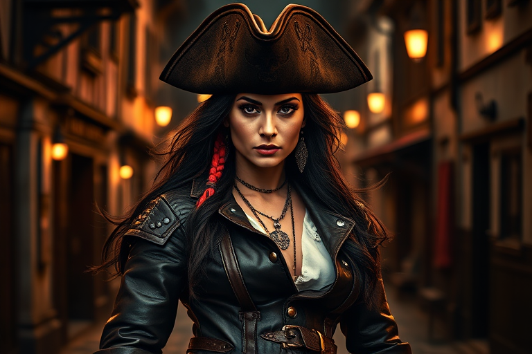 Create a portrait of a fierce female pirate. She wears a leather tricorn hat adorned with a skull and crossbones emblem, and her long, dark hair flows around her face. Her outfit consists of a richly detailed leather jacket, a corset, and multiple layers of belts and accessories, giving her a formidable and stylish appearance. She stands confidently in a dimly lit, historic port town, with a backdrop of weathered buildings and cobblestone streets, capturing the adventurous spirit of a pirate.