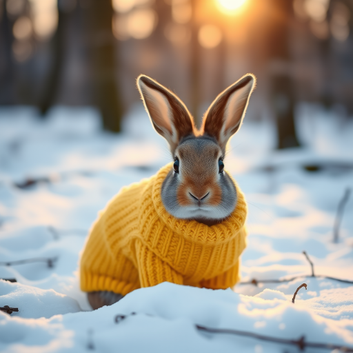 Regenerate a cute rabbit wearing a yellow knitted sweater in a snowy forest setting with soft morning sunlight filtering through trees, using a Canon EOS R5, 50mm f/1.2 lens, aperture f/1.8, ISO 200, with a shallow depth of field for enhanced focus on the rabbit and a blurred background.