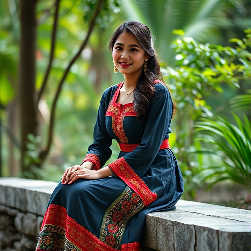 Portrait of a woman in a traditional dress sitting gracefully on a stone bench surrounded by greenery, shallow depth of field, soft natural lighting, 50mm lens, f/1.8 aperture, ISO 200, 1/200s shutter speed, DSLR camera, bokeh effect.