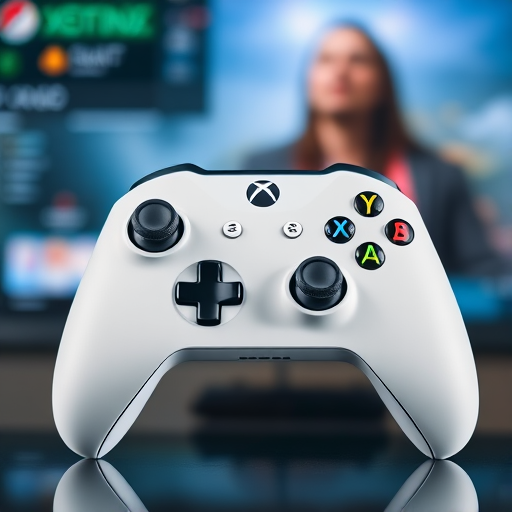 Regenerate an image of a white Xbox controller with a minimalistic design, set against a blurred gaming background, using a DSLR camera at f/2.8 aperture, 50mm lens, ISO 100, 1/200 shutter speed, in natural light for enhanced detail and clarity.