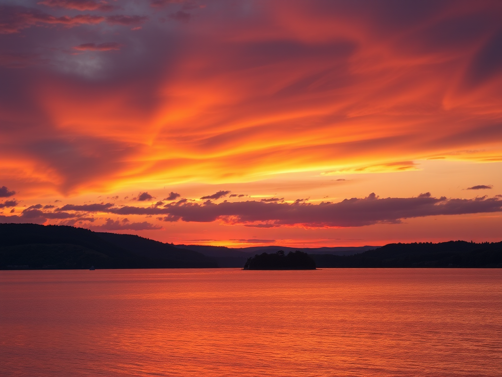 Create a high-resolution image of a sunset over a calm lake with vibrant colors in the sky, using a Canon EOS R5, 24-70mm lens, aperture f/8, shutter speed 1/120 sec, ISO 100, landscape orientation, golden hour lighting for enhanced details and contrast.