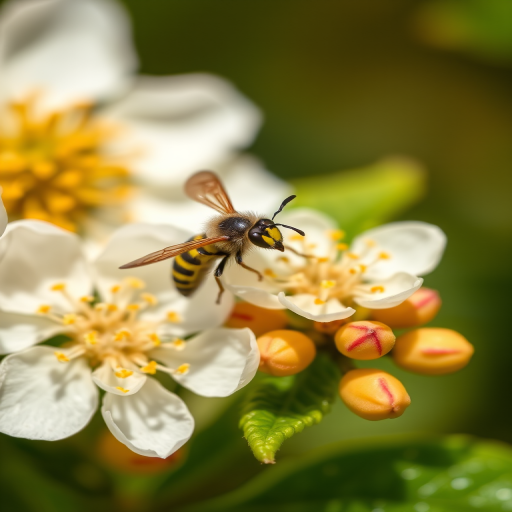 Macro photograph of a wasp on blooming flowers with a shallow depth of field, ISO 100, f/2.8, shutter speed 1/200s, 90mm macro lens, natural lighting, taken from a low angle to emphasize detail and texture in the leaves and insect.