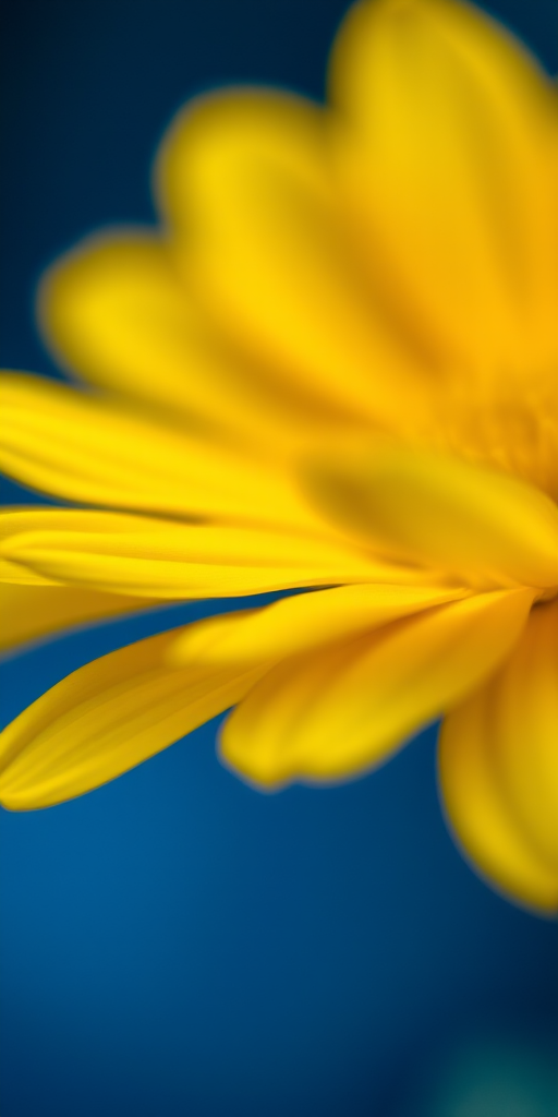 macro shot of a yellow flower with detailed petals and a blurred blue background, f/2.8 aperture, 100mm lens, ISO 200, soft focus style, DSLR camera