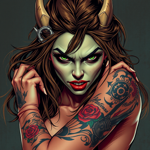 grunge, full body view, action pose, masterpiece, high detail, sharp, detailed, vivid colours, sharp, Orc Woman, (((green eyes, lipstick, brown hair, two-tone hair, long hair, messy hair, ))), cute face, beautiful girl, beautiful eyes, perfect face, piercings, tattoo, arm tattoo, leg tattoo, piercing, tattoos, tattoo, arm tattoo, back tattoo, gritty art in the style of Gustav Dore, Frank Frazetta, and Beksinski
