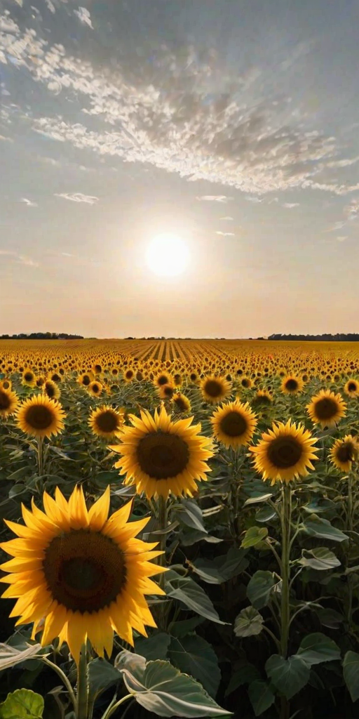 Sharp, high-contrast photo of a field of sunflowers stretching into the horizon, soft golden light from the setting sun casting long shadows, the smell of fresh blooms in the air, and the feeling of summer vibrancy.