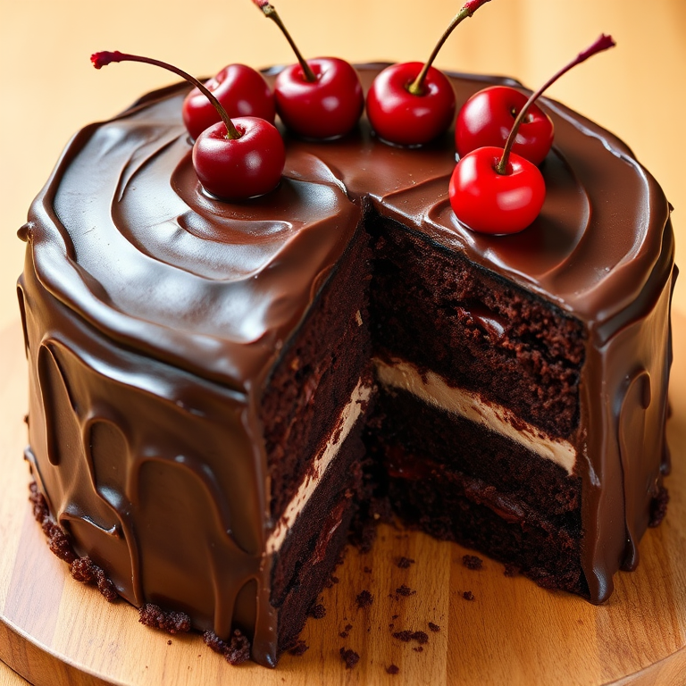 A rich chocolate cake with smooth chocolate frosting and fresh cherries on top, featuring a slice cut out to reveal layers of moist chocolate cake and creamy filling, set on a wooden surface.