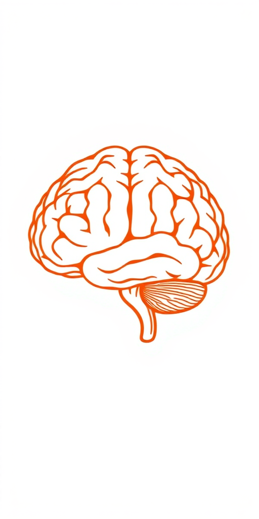 Create a high-resolution illustration of a brain with intricate line details and a vibrant orange outline, set against a white background, using a digital drawing style, shot from a top-down perspective with a soft focus effect, simulating a DSLR camera at f/2.8 aperture, 50mm lens, and ISO 100 for enhanced clarity.