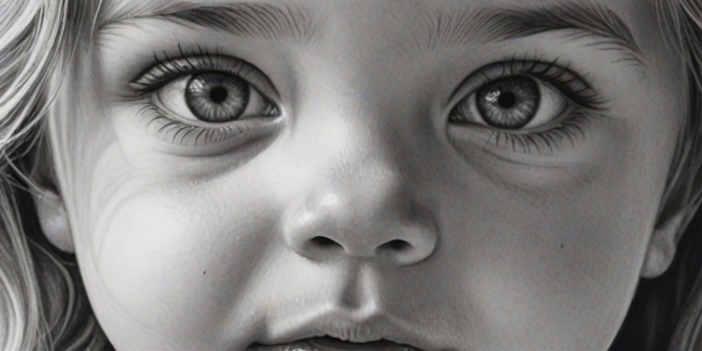 A hyperdetailed photorealistic black and white sketch of a beautiful toddler with deep white eyes, with a macro focus