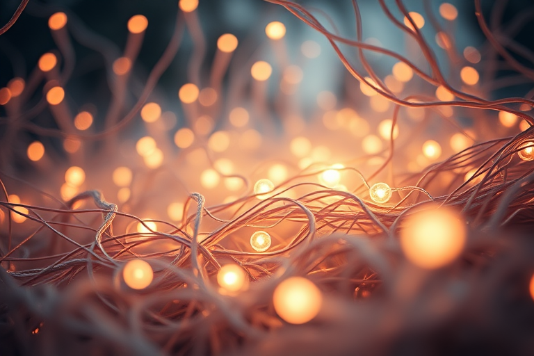 regenerate an abstract image of wavy strands intertwined with glowing orbs resembling a textured landscape, captured with a Canon EOS R5, 50mm f/1.2 lens, aperture f/2.8, ISO 100, shot from a low angle perspective with soft lighting for enhanced depth and detail