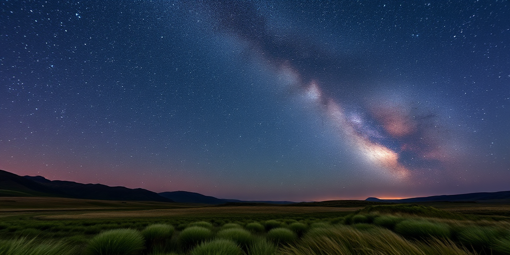Capture the Milky Way galaxy over a serene landscape at night with a Canon EOS R5, 24mm lens at f/2.8, ISO 3200, 30-second exposure, using a wide-angle view to enhance star visibility and detail.