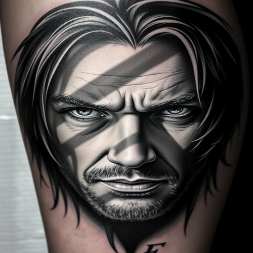 Realistic black and grey tattoo titled "Shadows and Light" showcasing exceptional shading and contrast to create a hyper-detailed portrait with dramatic lighting effects