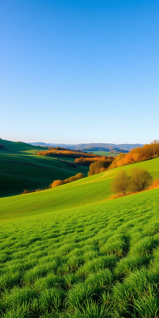 lush green landscape with rolling hills, clear blue sky, distant trees, golden autumn foliage, soft natural light, wide-angle lens, f/8 aperture, ISO 100, 1/250s shutter speed, captured with a DSLR camera
