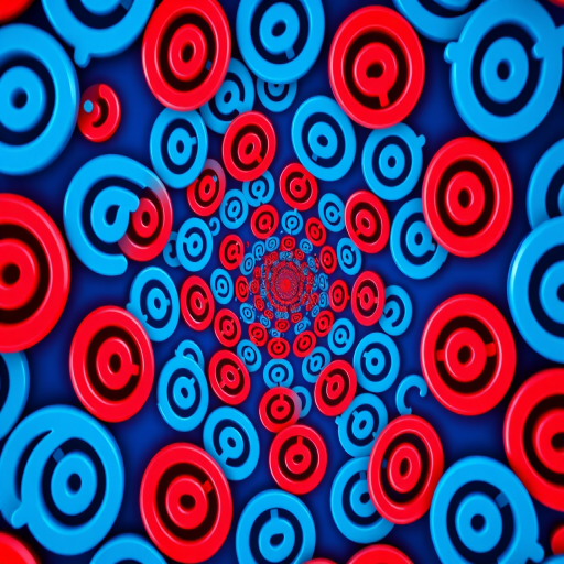 Create a vibrant spiraling pattern of @ symbols in shades of blue and red, with high resolution, using a DSLR camera at f/8, ISO 100, 18mm lens, shot from a top-down perspective with a 50mm aperture for depth of field.