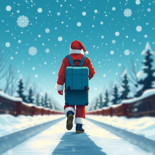 Create an illustration of a figure in a Santa suit walking down a snowy road with a blue suitcase, vibrant blue sky filled with snowflakes, use a Canon EOS R5 with a 50mm lens, f/1.8 aperture, ISO 200, and a shallow depth of field to enhance image quality.