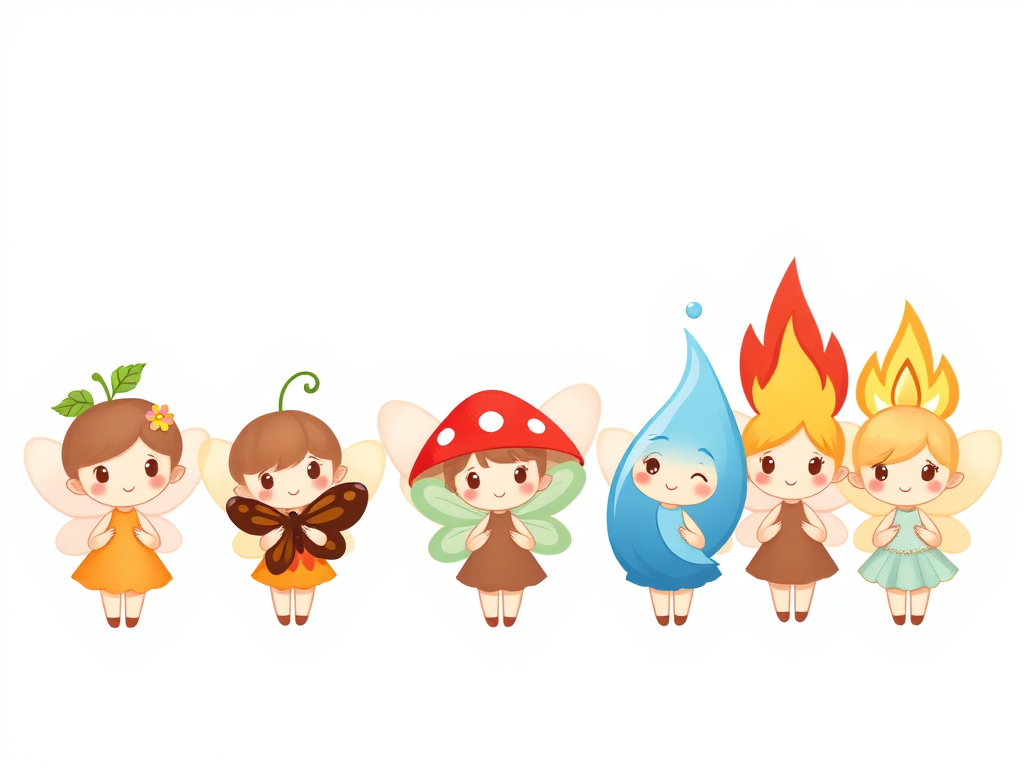 Create an illustration of cute, small fairies in a row with different themes. Include a fairy with a flower on its head, one with green leaves, an acorn, a red mushroom, a butterfly, a blue water-themed fairy, and a fairy with flames on its head. All fairies should have simple, round bodies and expressive eyes, with a soft, whimsical style. Use pastel colors for a gentle, enchanting effect.