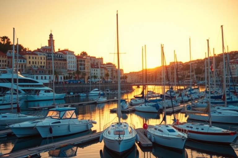 captured at golden hour with a Canon EOS R5, 35mm lens, f/4 aperture, 1/200s shutter speed, ISO 100, focusing on the marina with boats in the foreground, shallow depth of field, vibrant colors and crisp details in a coastal town setting