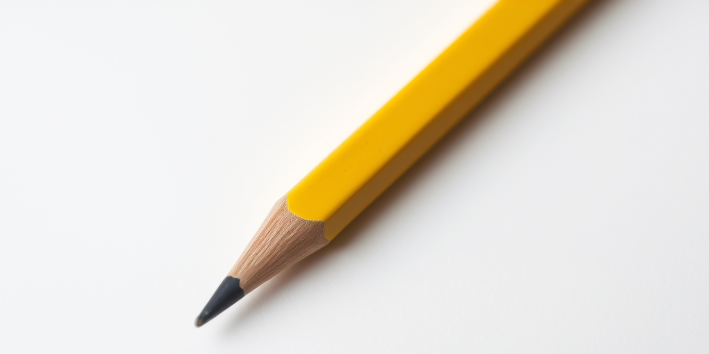 Create a hyper-realistic image of a yellow pencil on a plain white background, using a Canon EOS R5 camera, 50mm lens, aperture f/1.8, ISO 100, and a shallow depth of field to enhance the pencil's details and textures.