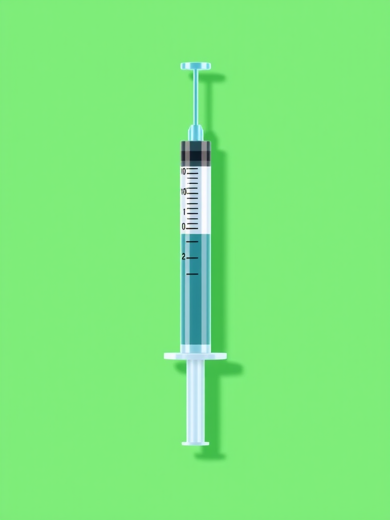 Create a vibrant flat design illustration of a syringe on a bright green background, with a focus on clarity and detail, using a 50mm lens, aperture f/2.8, ISO 100, shot from a slightly above angle, in a digital style with high resolution.