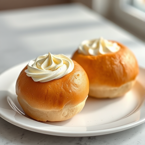 Create a hyper-realistic image of two fluffy cream-filled buns on a white plate, captured with a Canon EOS R5 camera, 50mm lens, f/1.8 aperture, ISO 200, natural lighting, and a soft-focus background.