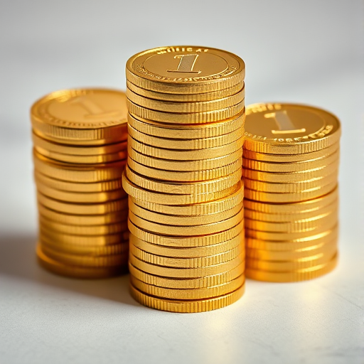 Create a high-resolution image of three stacks of golden coins with the number one prominently displayed on each coin, using a DSLR camera at f/2.8 aperture, ISO 100, and a 50mm lens, capturing a top-down view with soft natural lighting to enhance detail and texture.