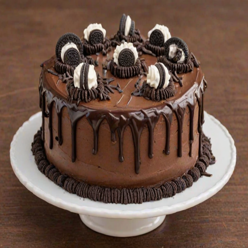 Create an image of a round chocolate cake decorated with chocolate frosting, topped with Oreo cookies arranged in a circle. The cake should have a glossy chocolate drizzle cascading down the sides, and the frosting should be swirled into peaks. The background should be simple and inviting, highlighting the cake.