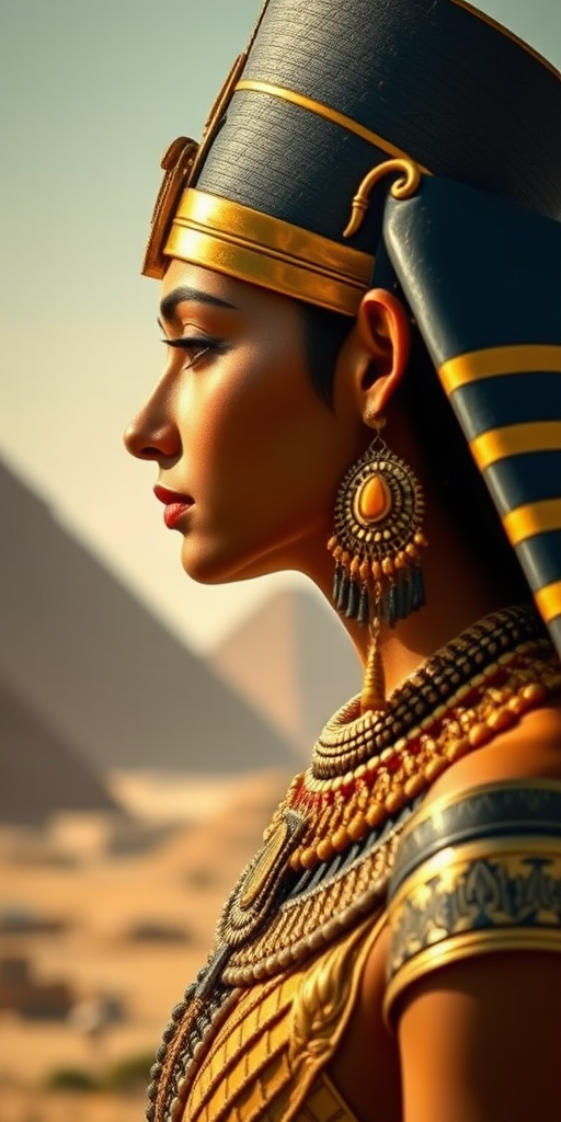 Regenerate an image of an ancient Egyptian queen with intricate jewelry and a headdress, viewed in profile against the backdrop of the Great Pyramids, with soft lighting, shallow depth of field, 85mm lens, f/1.8, ISO 100, shot in portrait mode on a full-frame DSLR.