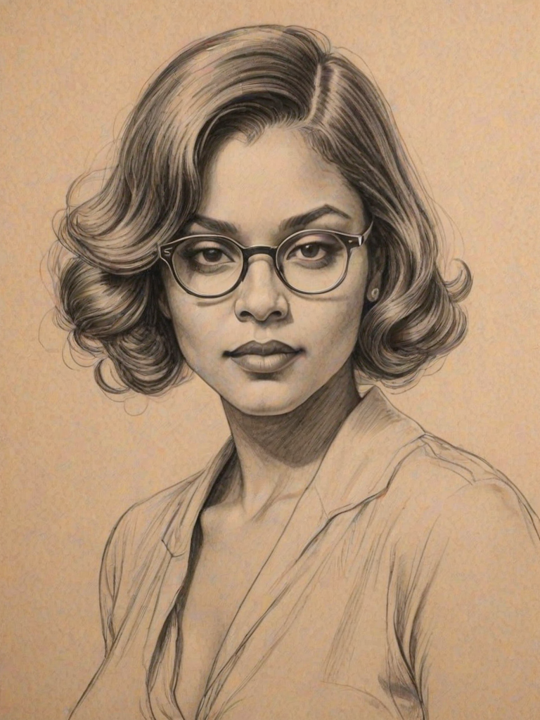 Alluring Mo'Nique, pencil sketch, portrait of Captivating woman 1921s in glasses, hair style beatnik, outline, clear lines, fine lines, 8k