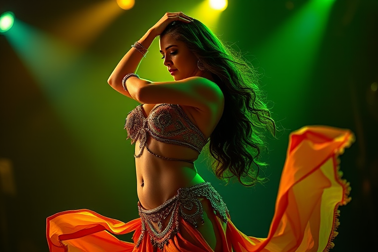 Regenerate an image of a belly dancer in an elegant pose, using a Canon EOS R5 camera with a 50mm f/1.2 lens, aperture set to f/2.8, ISO 200, and a shutter speed of 1/200s, from a low-angle shot with dramatic lighting in shades of green and yellow, emphasizing the dancer's intricate costume and flowing movements.