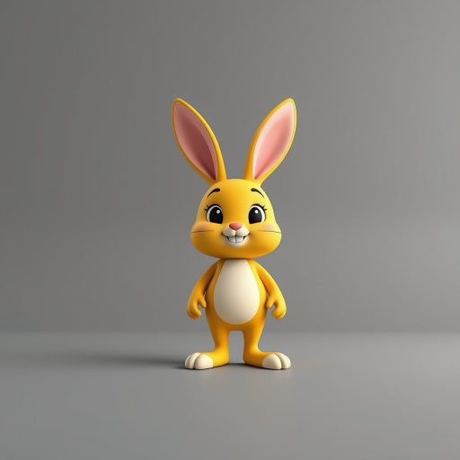 yellow cartoon bunny character standing on a smooth surface with a plain gray background, soft studio lighting, f/2.8 aperture, 50mm lens, ISO 100, DSLR camera, high-resolution image