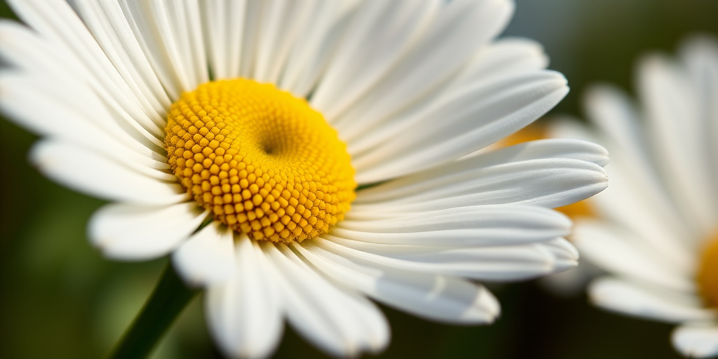 Generate a detailed close-up image of a white daisy with a textured yellow center, using a Canon EOS 5D Mark IV, 85mm lens, f/2.8 aperture, ISO 100, with soft diffused natural lighting and a shallow depth of field for enhanced image quality.