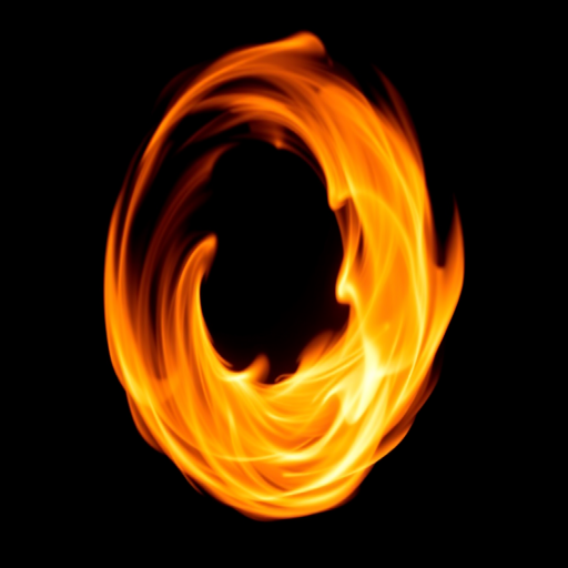 Create a vibrant circular flame swirl on a black background, captured with a Canon EOS R5 camera, 50mm lens, f/1.8 aperture, ISO 100, 1/125 sec shutter speed, using a long exposure style to enhance the motion and intensity of the flames.