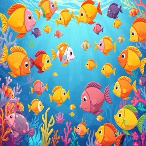 Illustrate a vibrant underwater scene filled with colorful cartoon fish in various shapes and sizes, using a top-down view; camera settings: aperture f/8, ISO 200, shutter speed 1/250s; camera style: bright and playful colors; camera type: digital illustration.