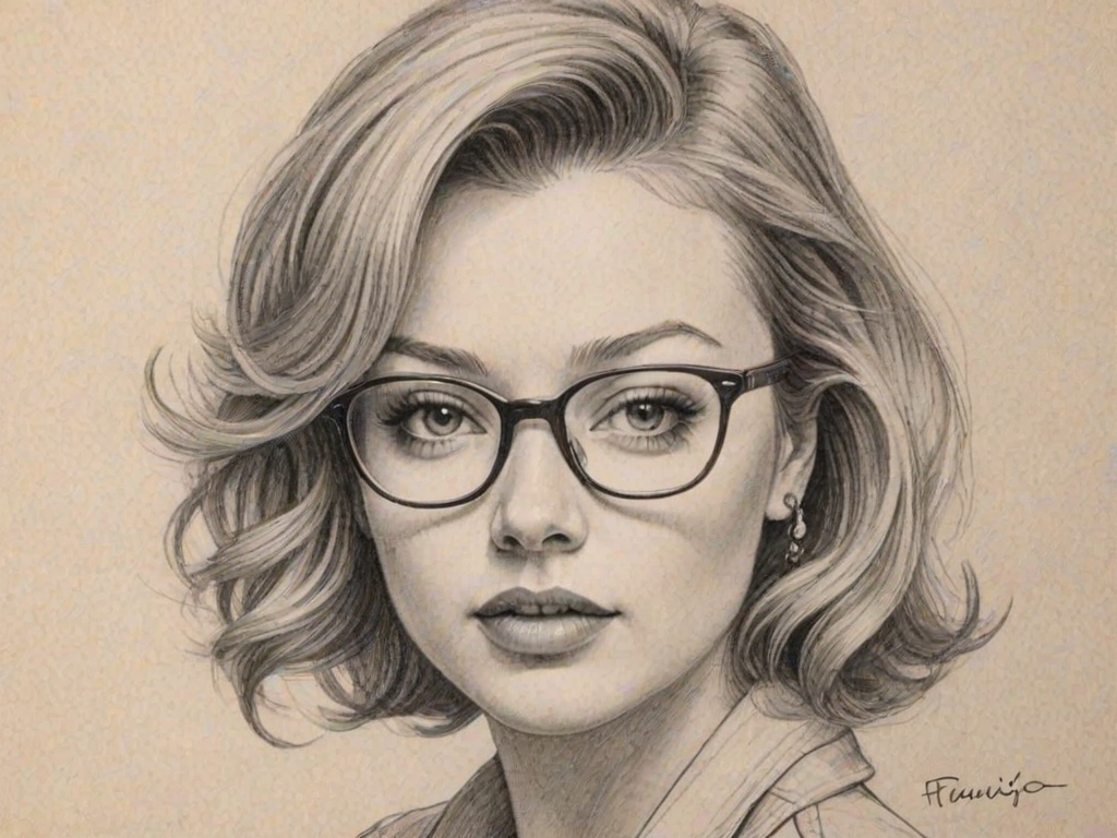 Attractive Francesca Eastwood, pencil sketch, portrait of Charming woman 1950s in glasses, hair style beatnik, outline, clear lines, fine lines, 8k
