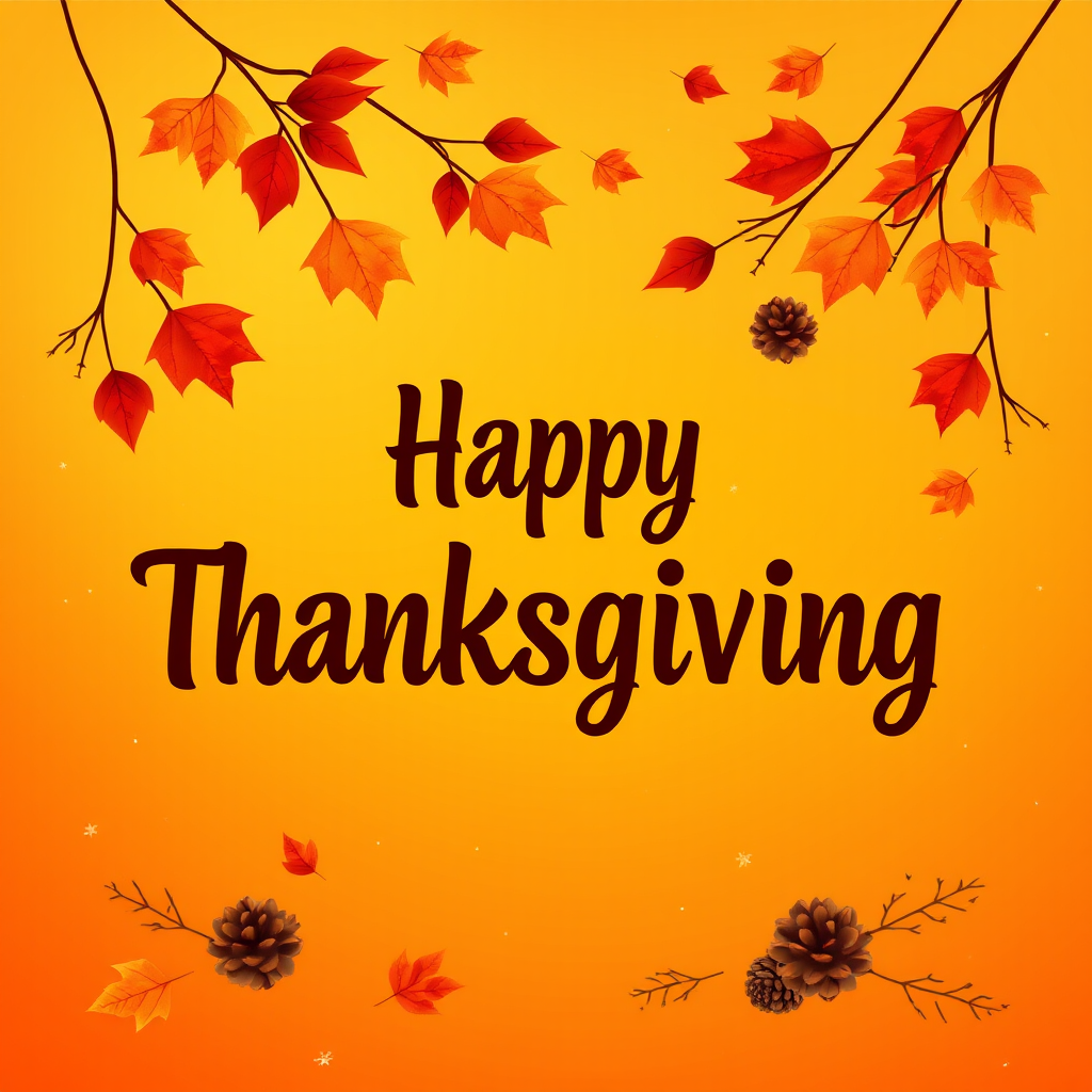 Create a warm and festive autumn-themed image with a gradient background of orange and yellow hues. Include a variety of falling leaves in shades of red, orange, and brown. In the center, display the text "Happy Thanksgiving" in a stylish and inviting font, using a dark brown color for contrast. Add subtle decorative elements like pine cones and additional leaves for a cozy, seasonal feel.