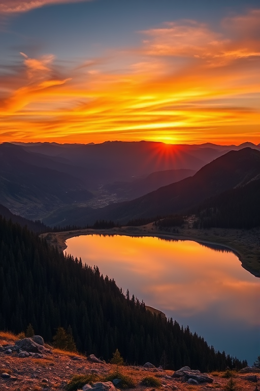 Generate a high-resolution image of a serene landscape featuring a sunset over mountains with a reflective lake in the foreground, captured with a Canon EOS 5D Mark IV, 50mm lens, aperture f/1.8, shutter speed 1/100 sec, ISO 100, using a wide-angle view and HDR photography style for enhanced detail and color vibrancy.