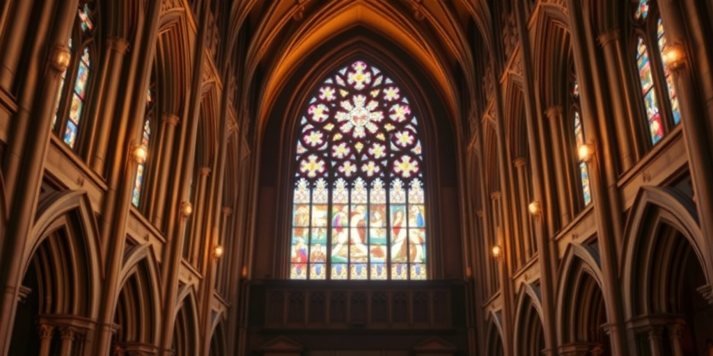 regenerate a gothic cathedral interior with a vibrant stained glass window, soft ambient lighting, wide angle view, f-stop 8, ISO 400, shutter speed 1/60s, full-frame DSLR camera