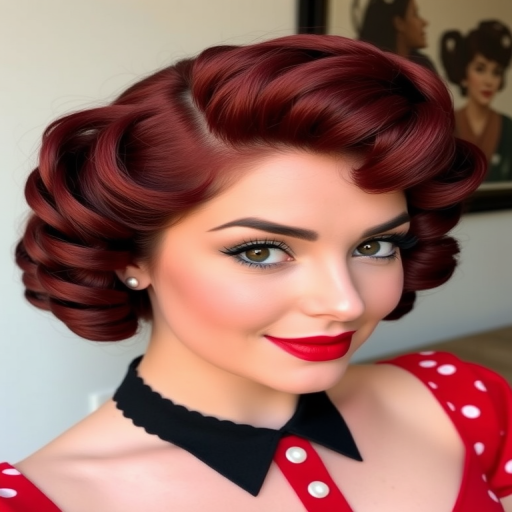 Retro Pin-Up Victory Rolls styled in a rich cherry red hue with subtle black lowlights creating depth and dimension in perfectly sculpted vintage-inspired curls