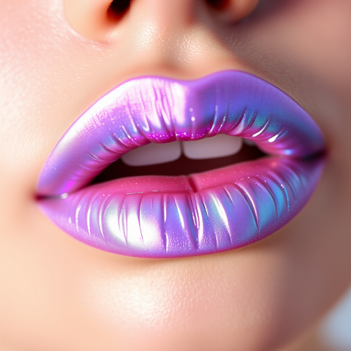 Ethereal iridescent lip gloss transforms ordinary lips into a mesmerizing display of shifting colors, from lavender to pale blue, catching light at every angle