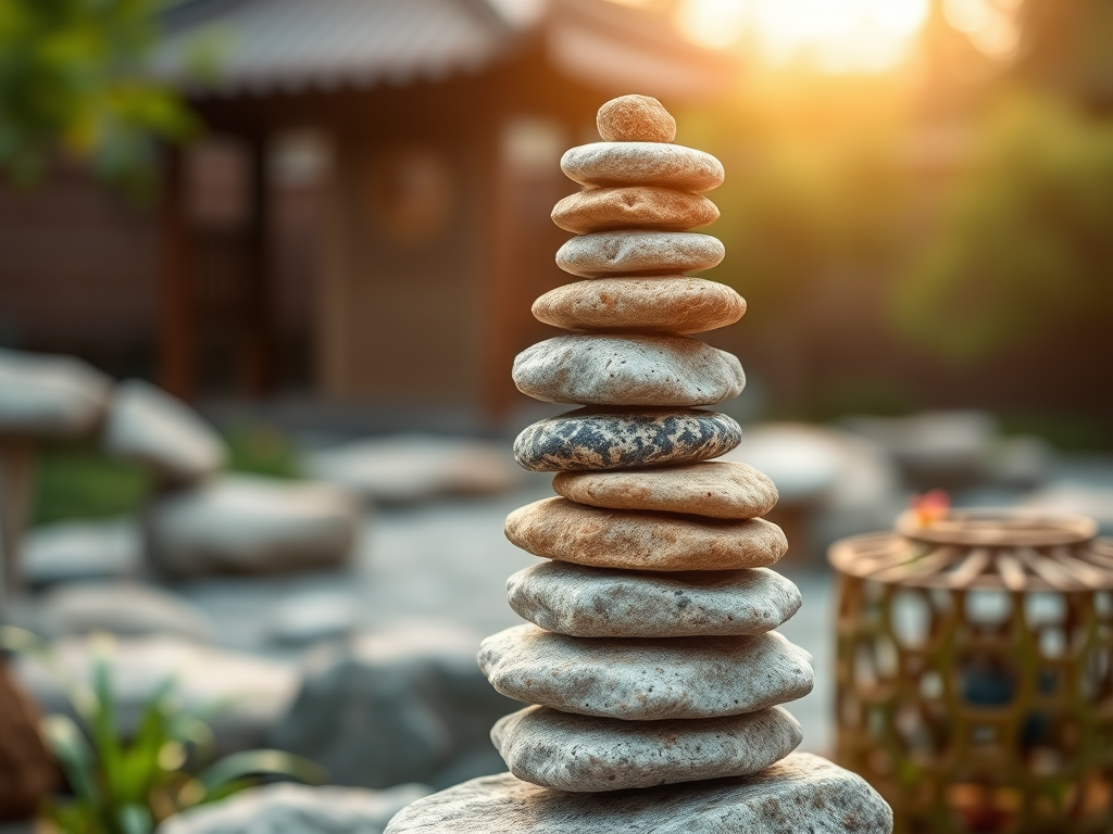 Capture a close-up of a stacked stone tower in a zen garden, with soft focus on the background, using a DSLR camera at f/2.8 aperture, ISO 100, 1/200 sec shutter speed, and a 50mm lens for enhanced detail and texture.