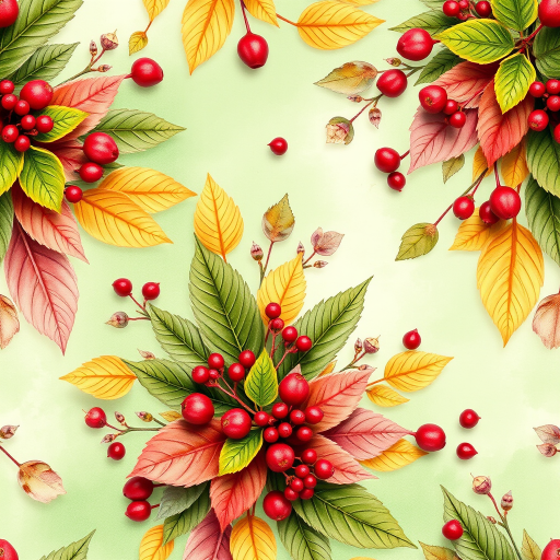 Create a vibrant floral pattern featuring a variety of leaves and berries on a soft green watercolor background, shot with a DSLR camera at f/5.6, 50mm lens, ISO 200, with a shallow depth of field for enhanced detail and a visually pleasing composition.