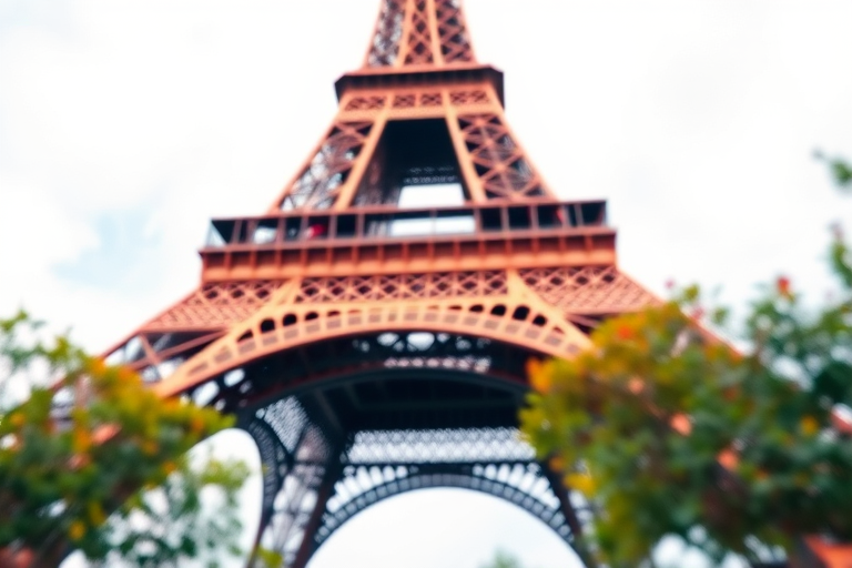Eiffel Tower in watercolor style, captured with a Canon EOS R5, 50mm lens, f/1.8, ISO 100, shot from a low angle, focusing on vibrant colors and details, with a soft background blur to enhance foreground richness.