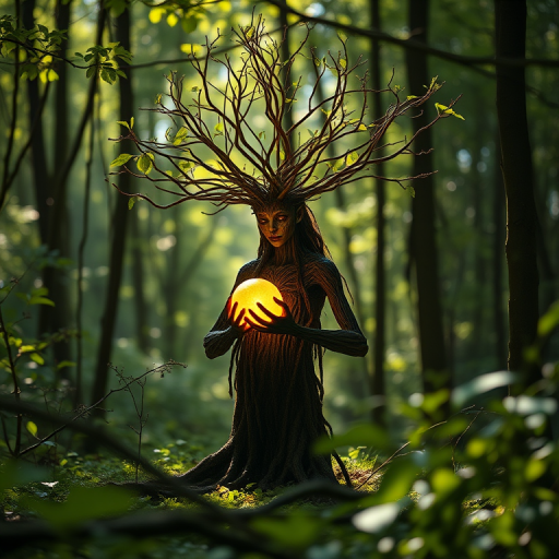 A serene forest scene featuring a mythical tree spirit with branches and leaves as hair, gently holding a glowing orb, captured in soft, dappled sunlight, using a Canon EOS R5 with a 50mm f/1.2 lens, aperture set to f/2.8, ISO 200, at a slightly low angle for dramatic effect, with a focus on the intricate details of the spirit and the surrounding greenery to enhance image quality.