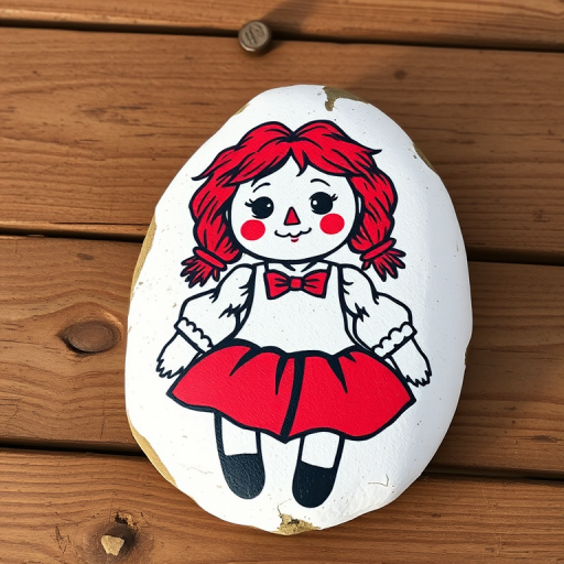 Raggedy Ann---drawn on a rock, an acrylic painted cartoon image of a Raggedy Ann doll with a white background. The rock sits on a wooden table