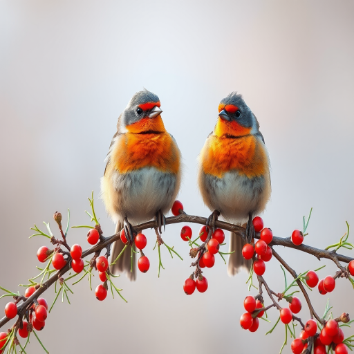 Regenerate a detailed illustration of two birds perched on a branch with juniper berries, use a Canon EOS R5 camera, aperture f/2.8, ISO 100, 50mm lens, focus on vibrant colors and fine texture, soft natural lighting.