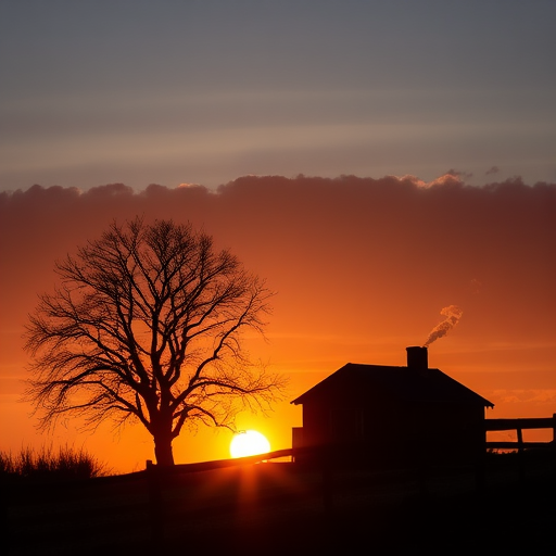 Create a high-resolution silhouette image of a rural landscape at sunset featuring a small cabin with smoke rising from the chimney, a bare tree, and a wooden fence in the foreground, using a DSLR camera with a 50mm lens, f/8 aperture, ISO 100, 1/200 sec shutter speed, shot from a low angle for depth.