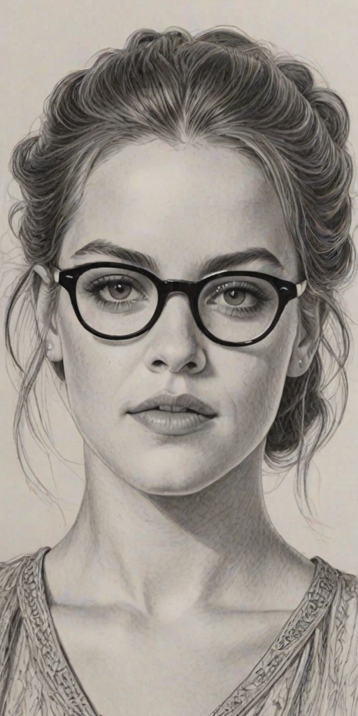 Graceful Riley Keough, pencil sketch, portrait of Delightful woman 1931s in glasses, hair style beatnik, outline, clear lines, fine lines, 8k
