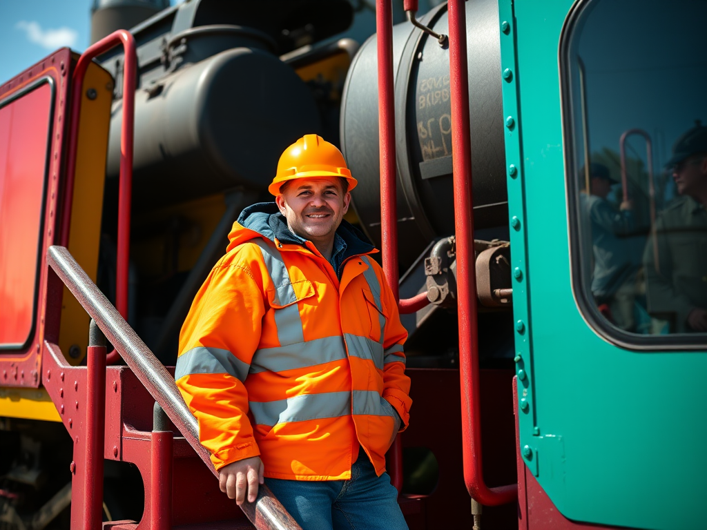 Photo of a smiling person in a bright orange safety jacket and hard hat standing on the steps of a colorful train engine, shot with a Canon EOS R5 at f/2.8, 1/500s, ISO 100, with a wide-angle lens from a low angle perspective on a sunny day to enhance clarity and color vibrancy.
