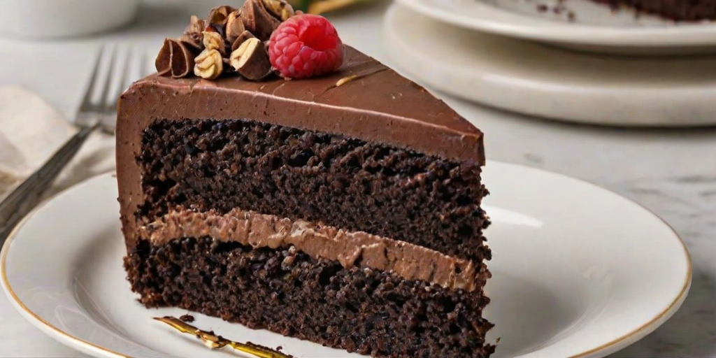 Create an image of a slice of layered chocolate cake on a white plate. The cake should have multiple layers filled with rich chocolate frosting and a crumbly topping. Include a golden fork resting beside the plate, and use a light marble background to enhance the presentation. Make the cake appear decadent and inviting.